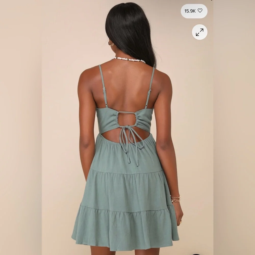 Lulu's Sage Green Cutout Tiered Mini Dress “Make a Day Out of It” - Picture 2 of 7